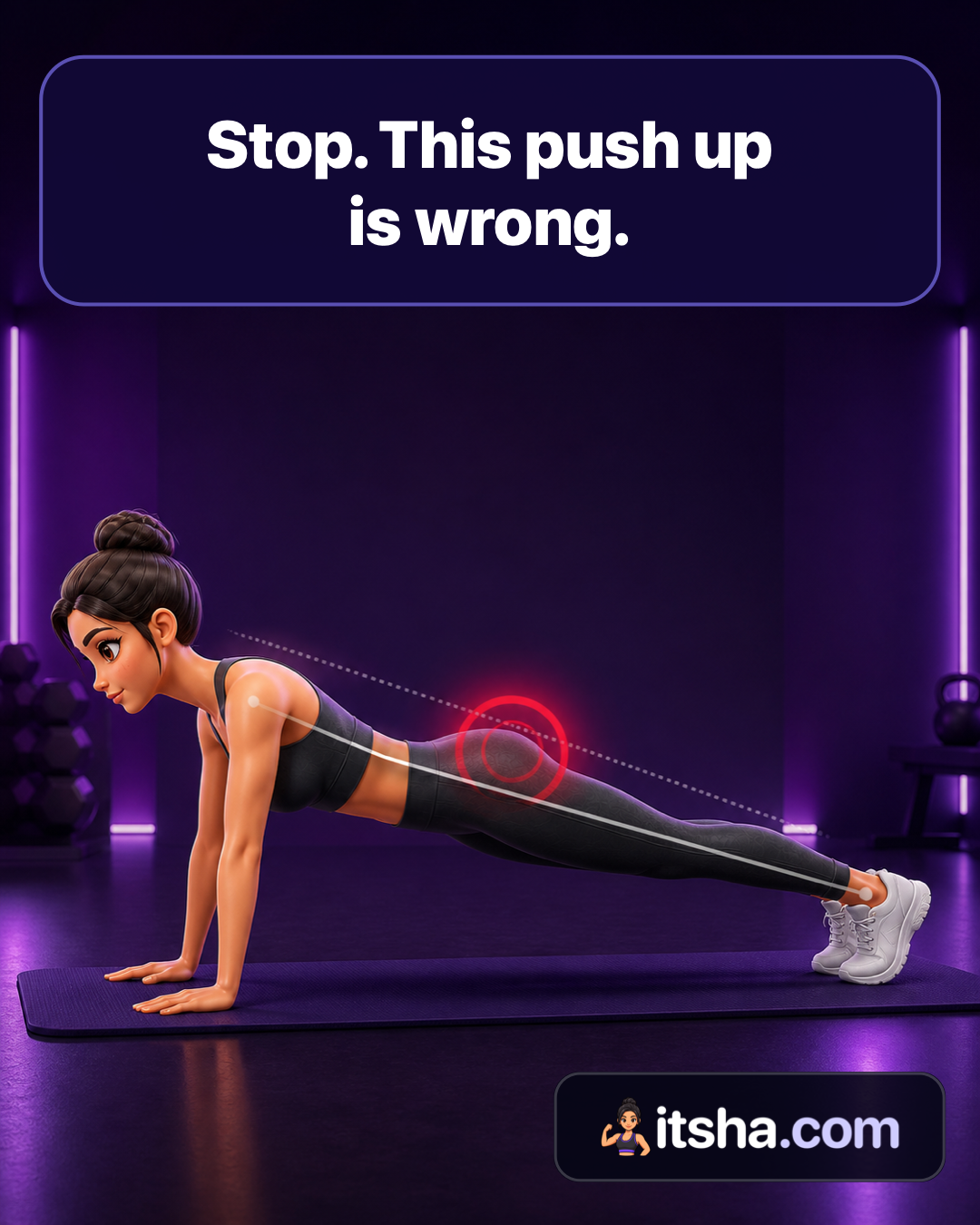 Itsha demonstrating a push up with a red line showing hips dropping out of position