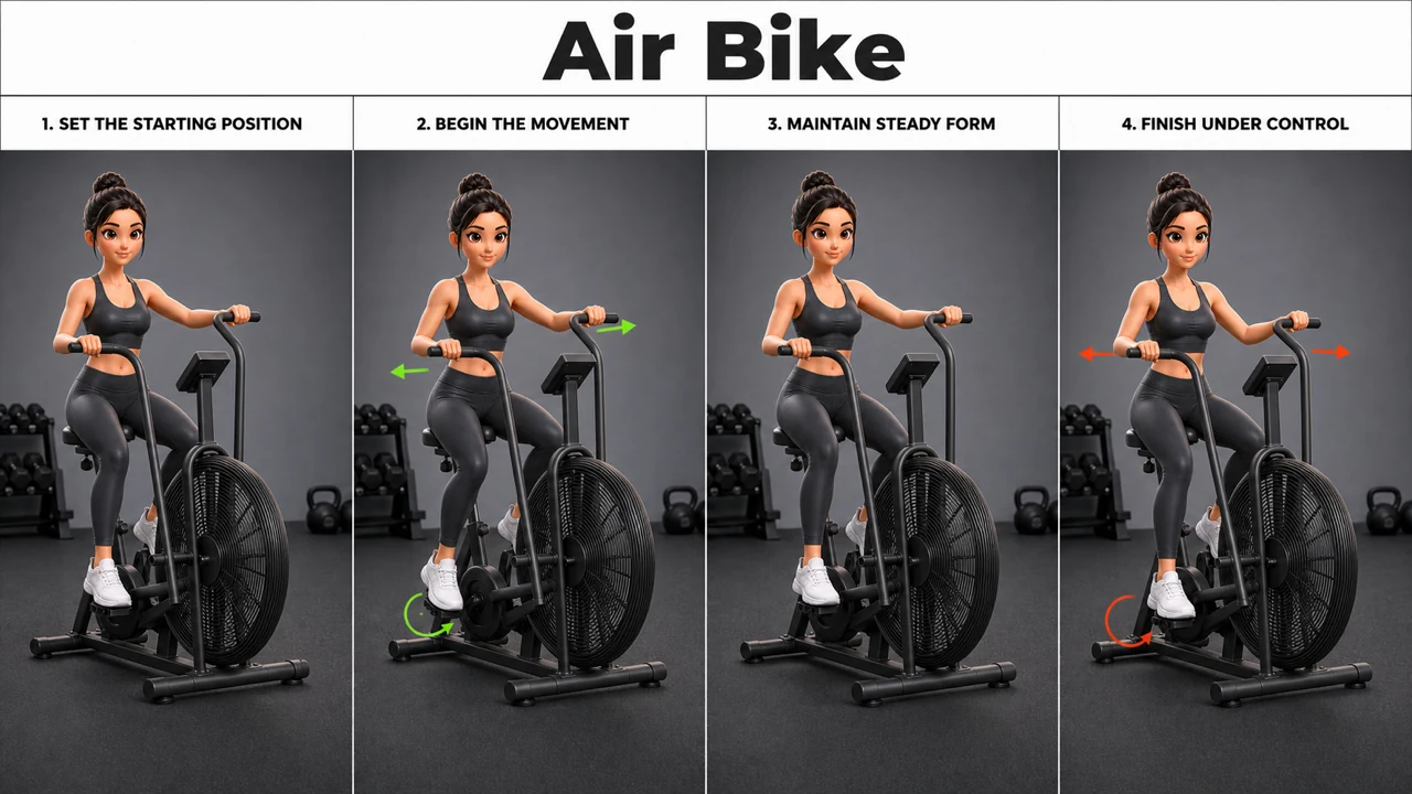 Air Bike exercise image showing key movement positions with air bike