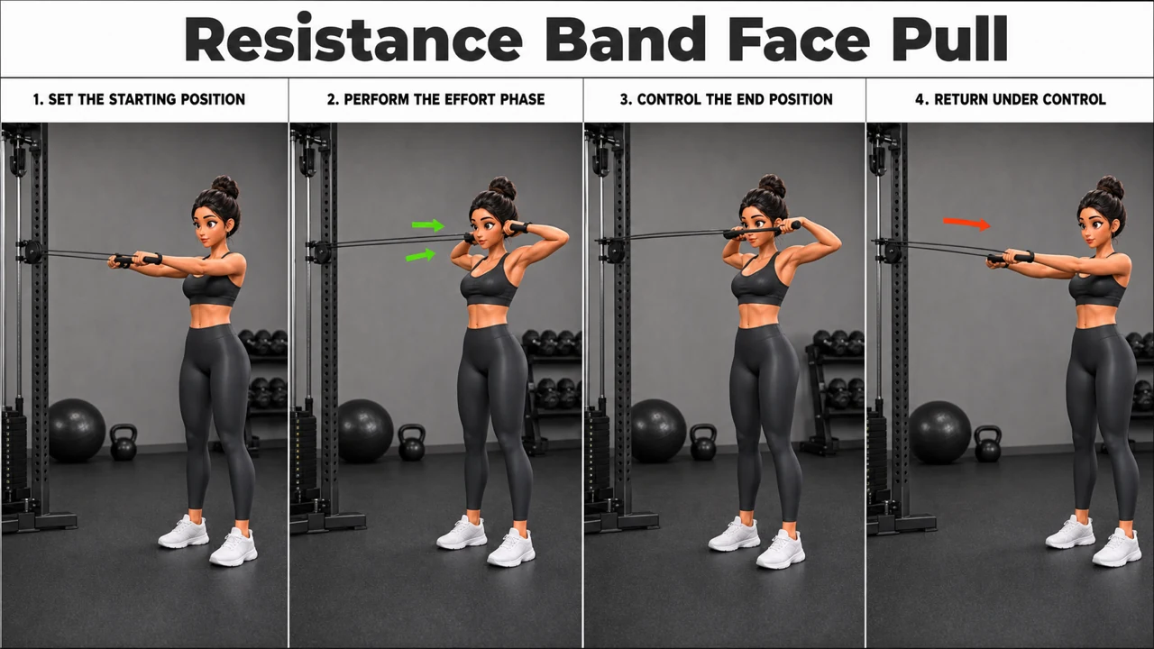 Resistance Band Face Pull exercise image showing key movement positions with resistance band