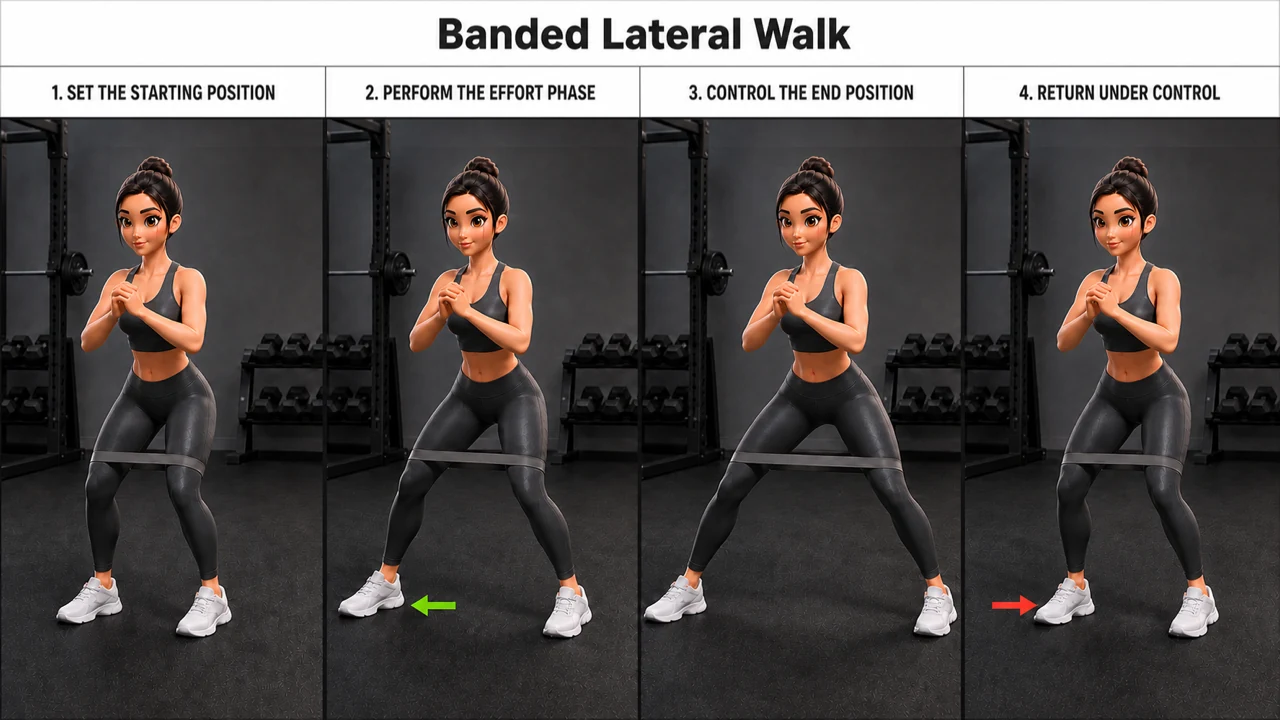 Banded Lateral Walk exercise guide showing 4 movement steps using resistance band