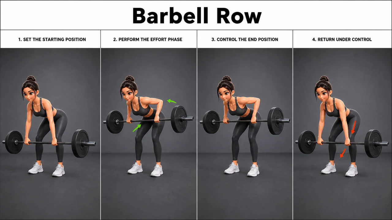 Barbell Row exercise guide showing 3 movement steps using barbell