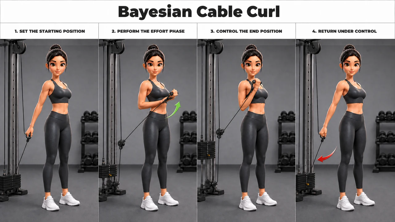 Bayesian Cable Curl exercise guide showing 4 movement steps using cable station