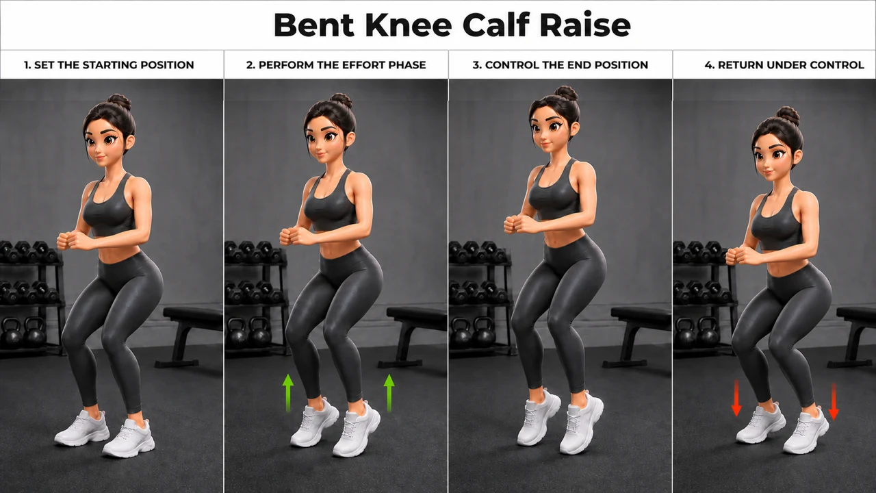 Bent Knee Calf Raise exercise guide showing 4 movement steps