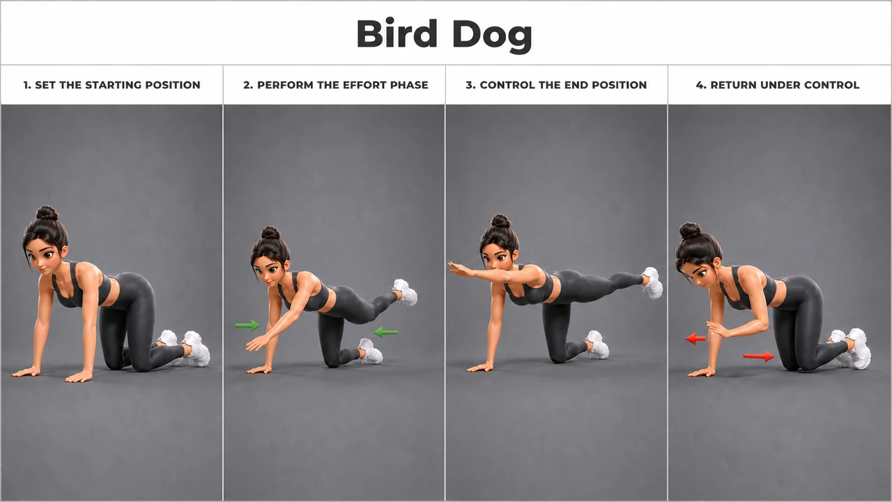 Bird Dog exercise guide showing 4 movement steps