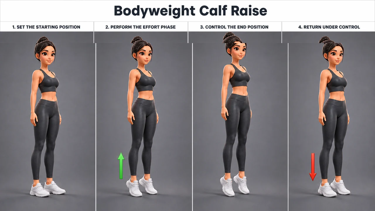 Bodyweight Calf Raise exercise guide showing 4 movement steps