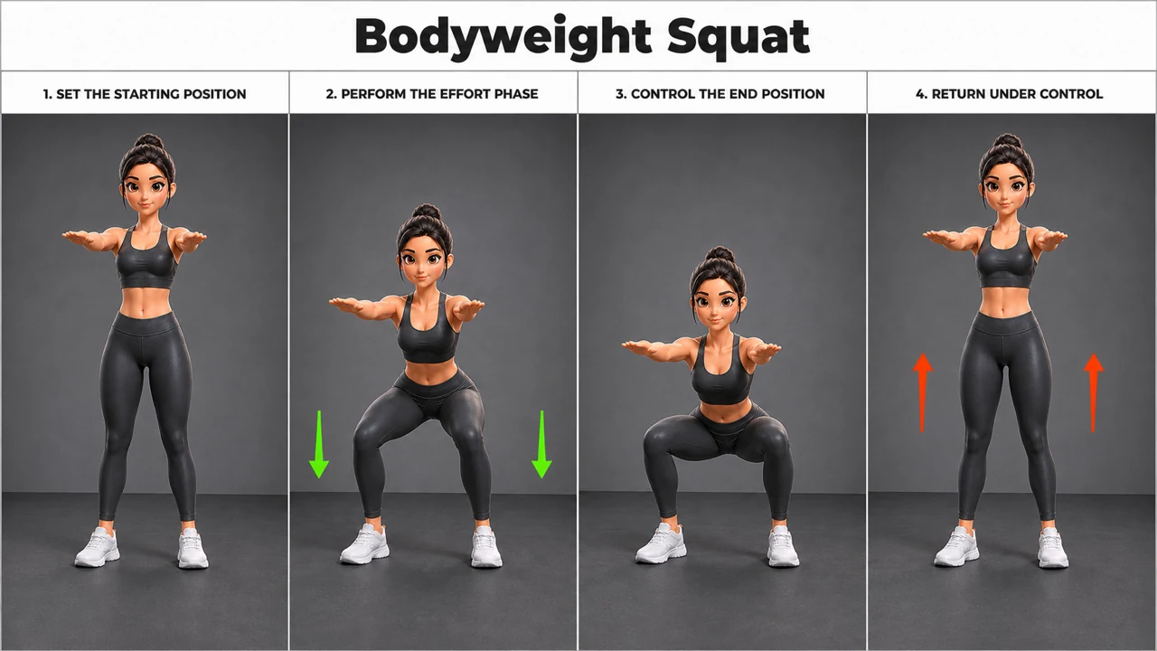 Bodyweight Squat exercise guide showing 4 movement steps