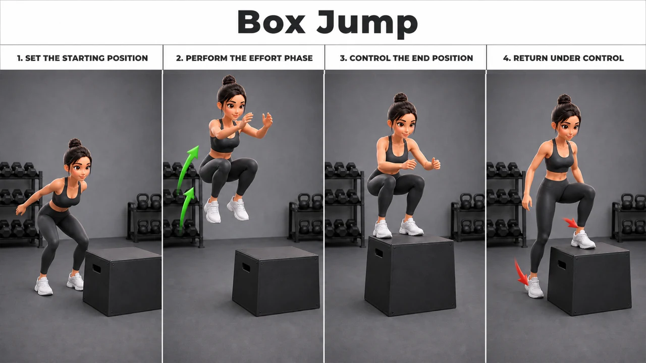 Box Jump exercise guide showing 4 movement steps using plyometric box