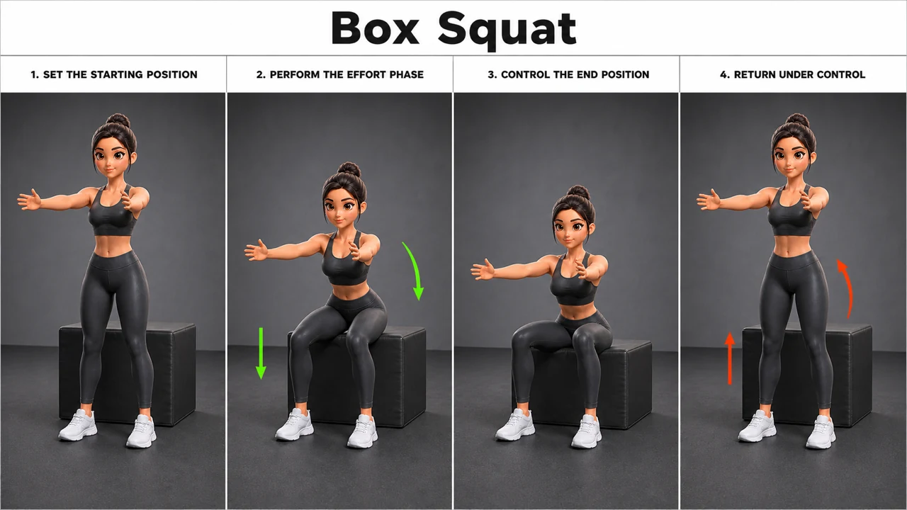 Box Squat exercise guide showing 4 movement steps using plyometric box
