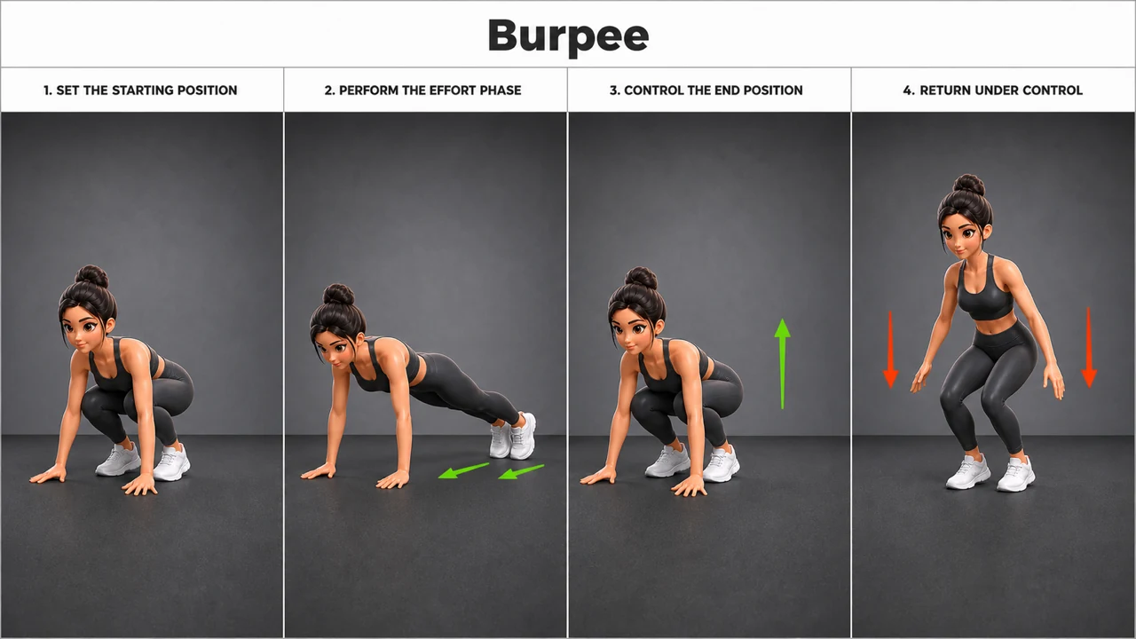 Burpee exercise guide showing 5 movement steps