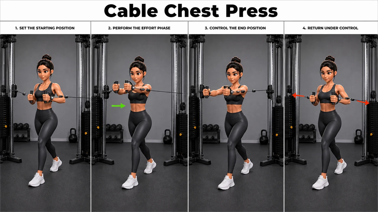 Cable Chest Press exercise image showing key movement positions with dual cable machine