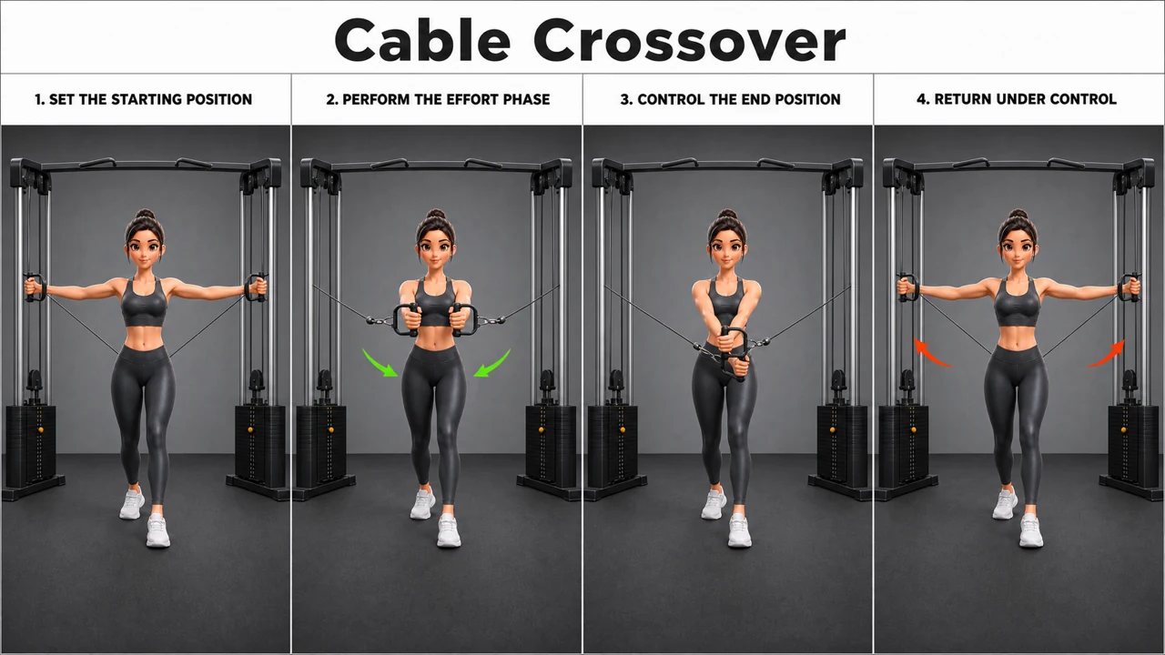 Cable Crossover exercise guide showing 3 movement steps using dual cable machine and D-handles