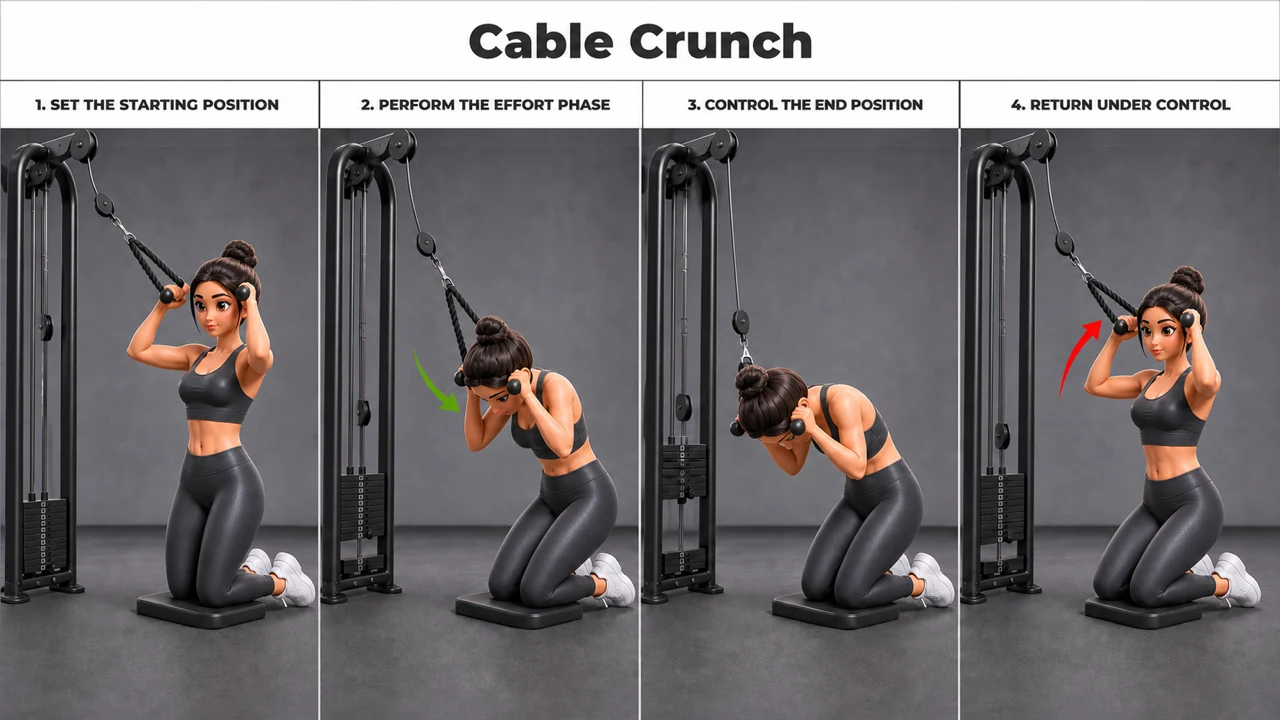 Cable Crunch exercise guide showing 4 movement steps using cable station