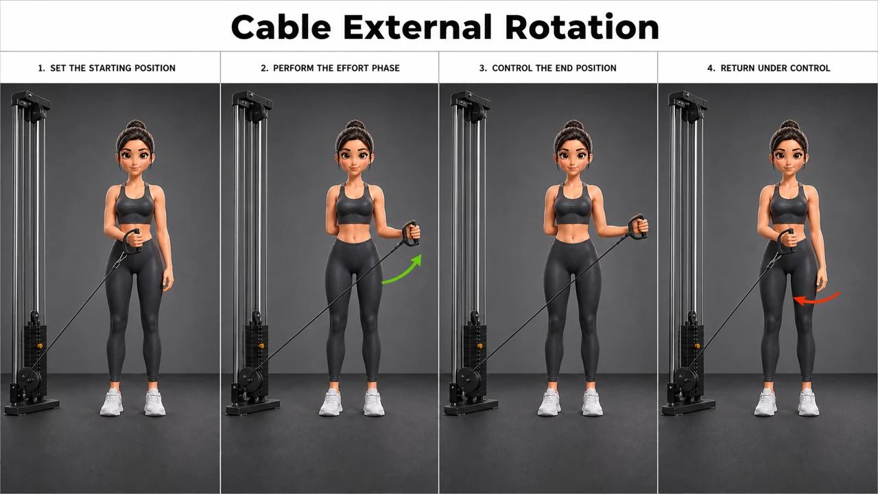 Cable External Rotation exercise guide showing 6 movement steps using low cable and D-handle