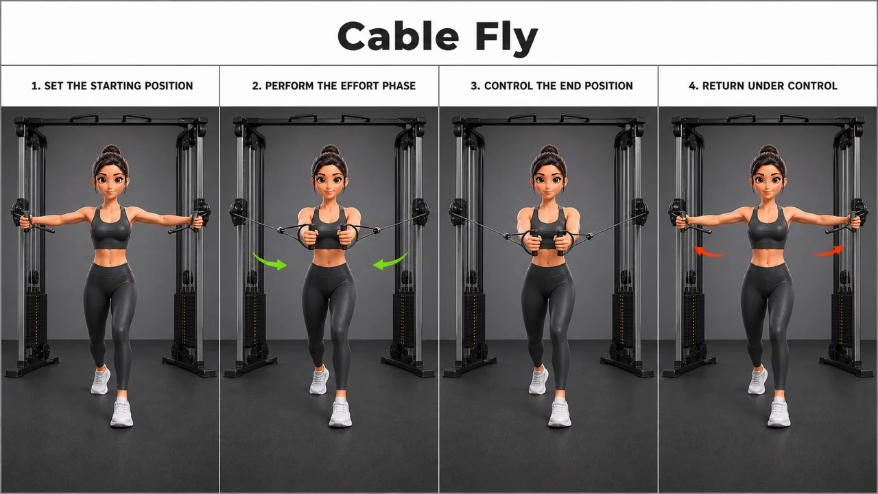 Cable Fly exercise guide showing 3 movement steps using dual cable machine and D-handles