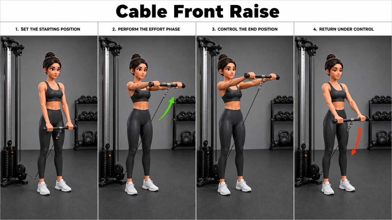 Cable Front Raise exercise image showing key movement positions with low cable