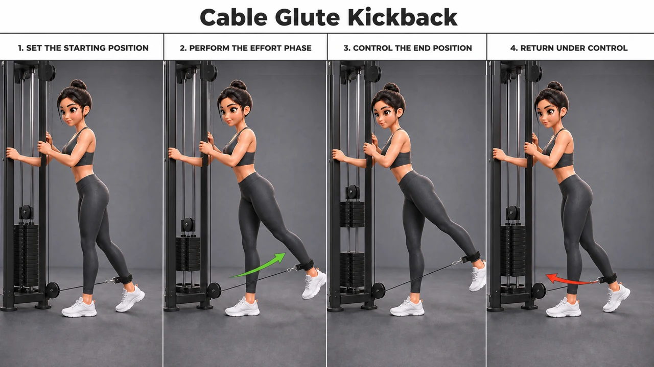 Cable Glute Kickback exercise guide showing 4 movement steps using cable station
