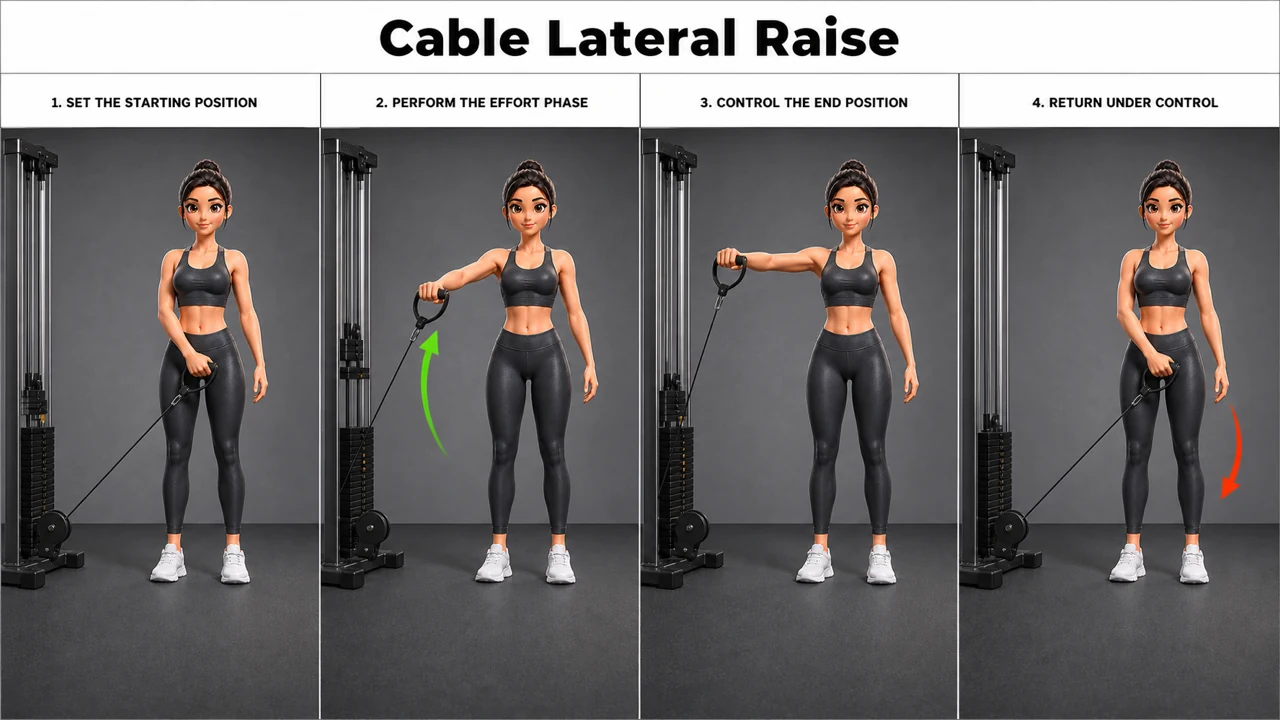 Cable Lateral Raise exercise guide showing 6 movement steps using low cable and D-handle