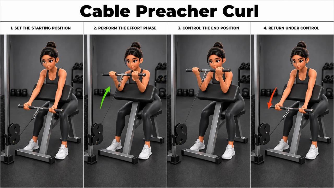 Cable Preacher Curl exercise image showing key movement positions with preacher bench and low cable