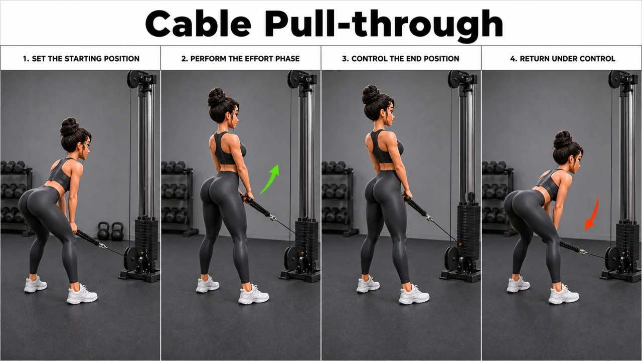 Cable Pull-through exercise image showing key movement positions with low cable with rope