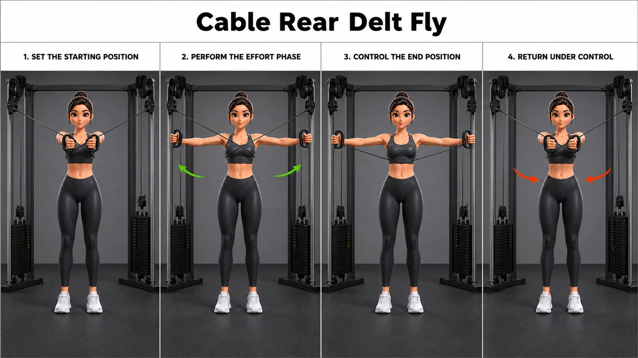 Cable Rear Delt Fly exercise guide showing 3 movement steps using dual cable machine and D-handles