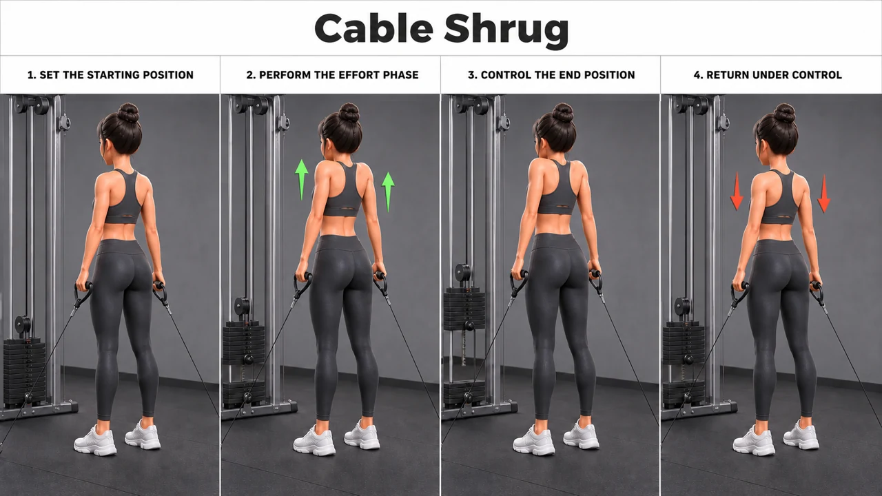 Cable Shrug exercise guide showing 4 movement steps using cable station