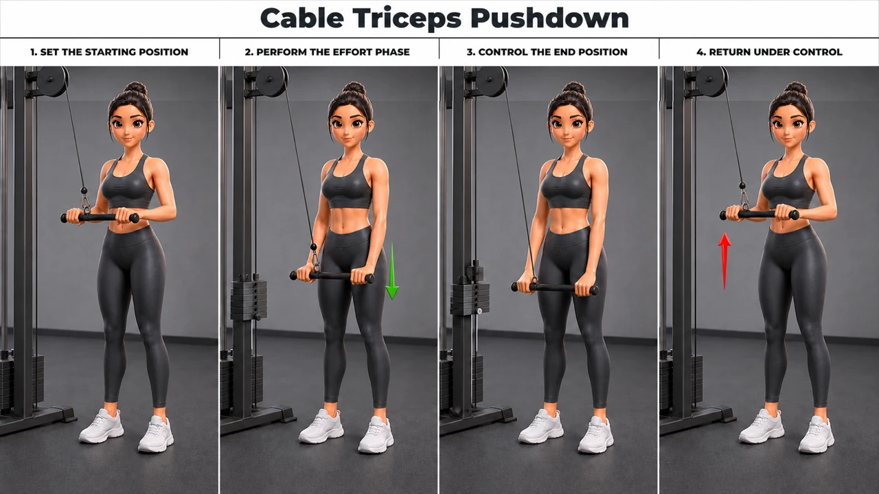 Cable Triceps Pushdown exercise guide showing 4 movement steps using cable station