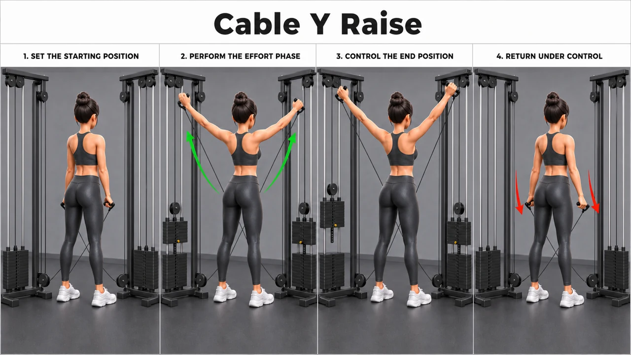 Cable Y Raise exercise guide showing 4 movement steps using cable station