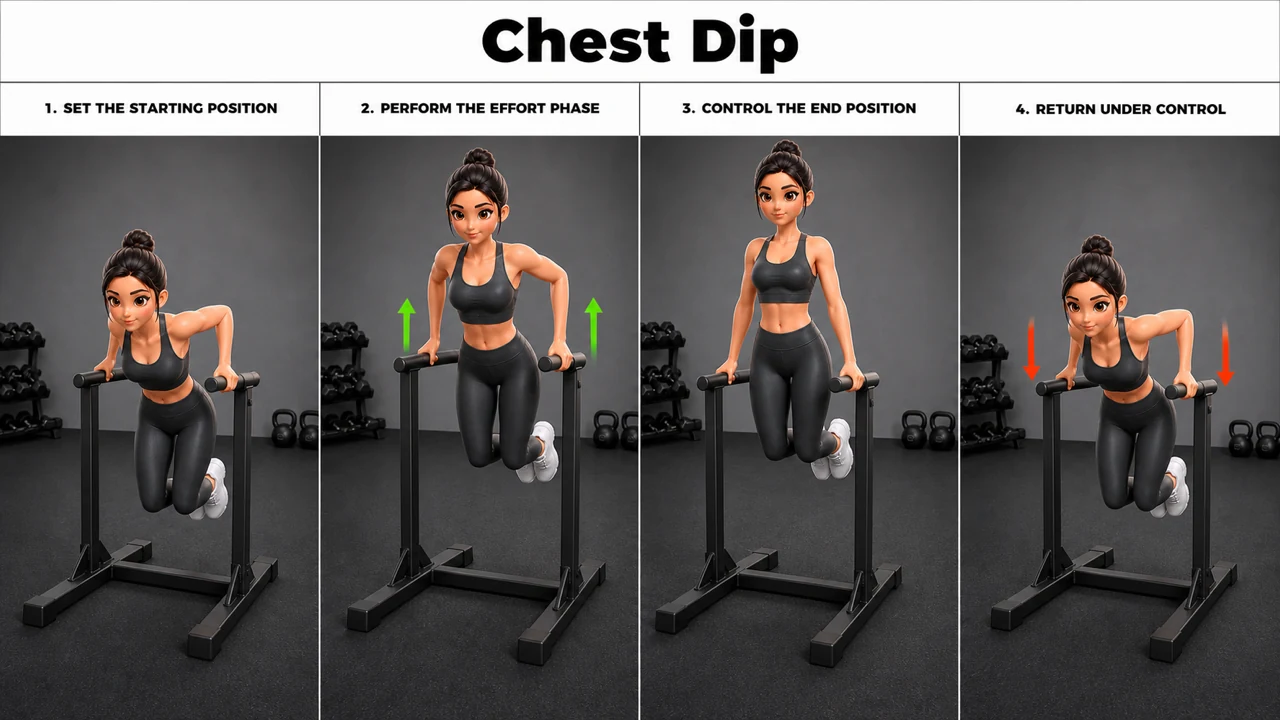 Chest Dip exercise guide showing 3 movement steps using parallel dip bars