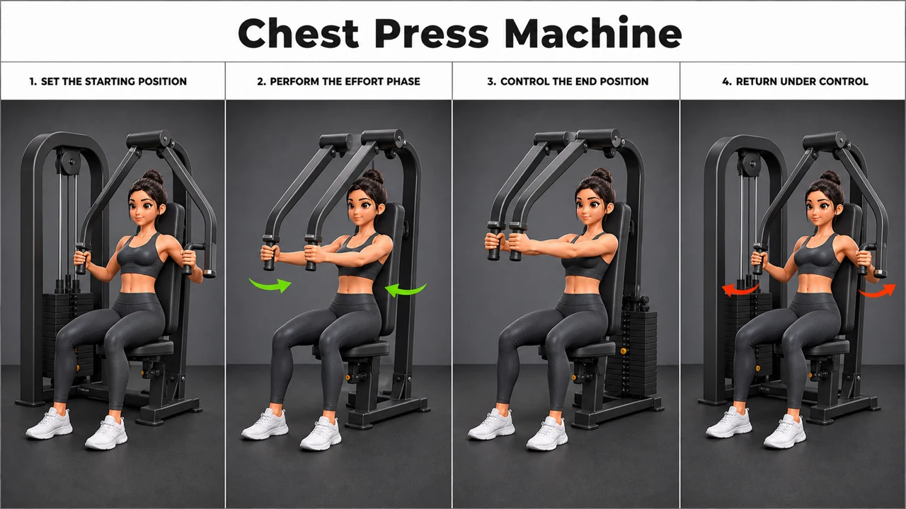 Chest Press Machine exercise guide showing 3 movement steps using chest press machine