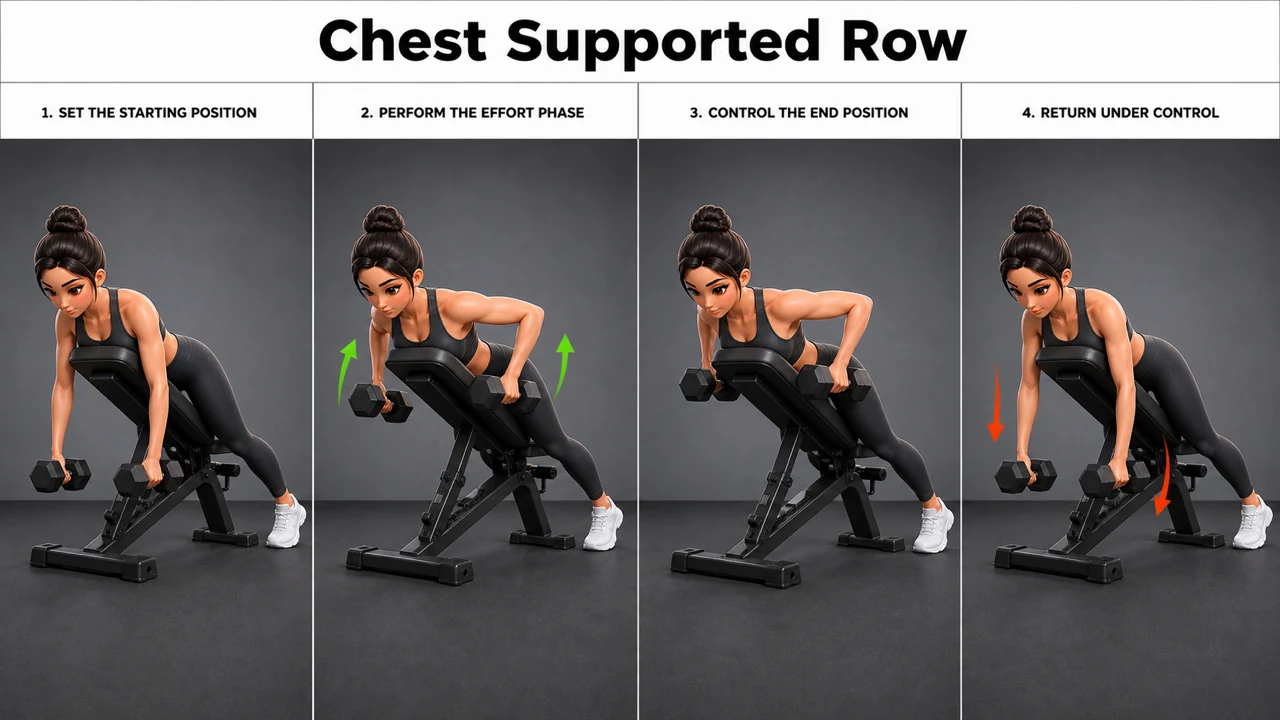 Chest Supported Row exercise guide showing 3 movement steps using incline bench and dumbbell pair