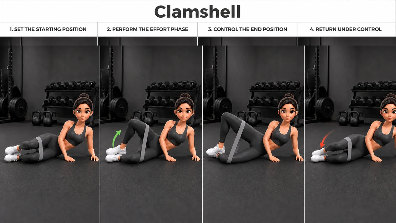 Clamshell exercise guide showing 4 movement steps using resistance band