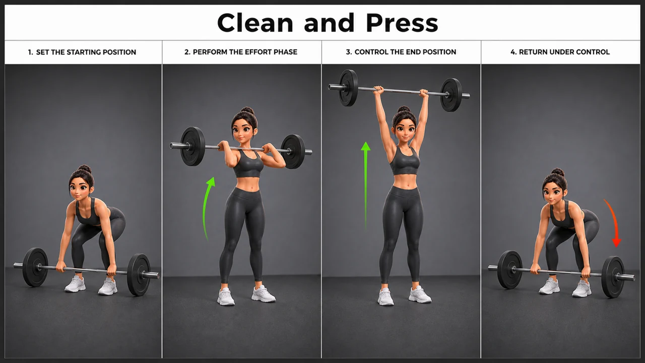 Clean and Press exercise guide showing 4 movement steps using barbell