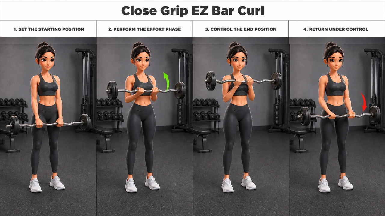 Close Grip EZ Bar Curl exercise guide showing 4 movement steps using EZ curl bar