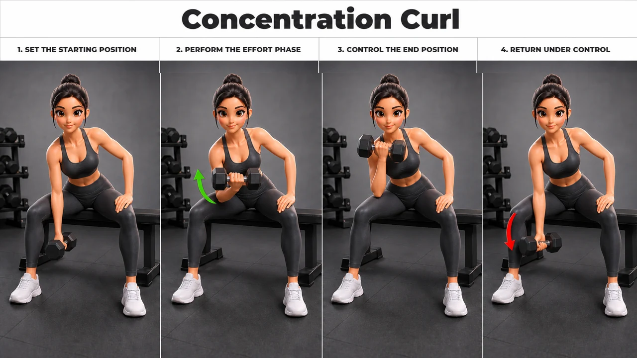 Concentration Curl exercise guide showing 4 movement steps using dumbbell pair