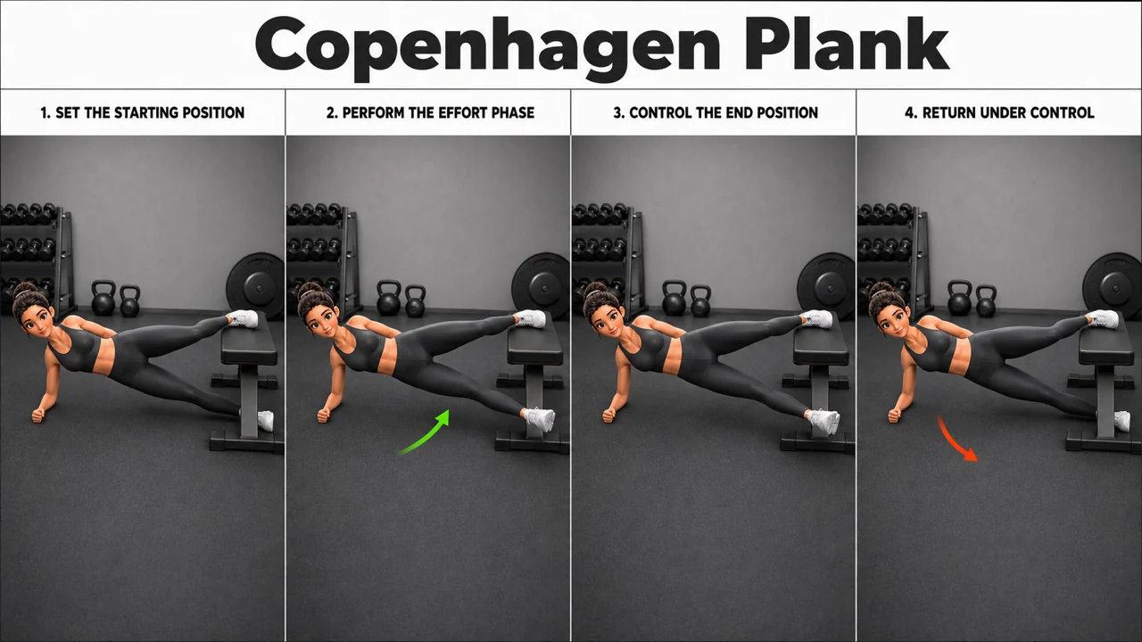 Copenhagen Plank exercise image showing key movement positions with flat bench