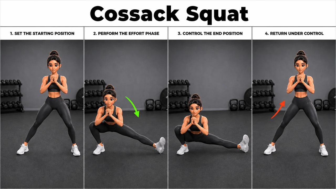 Cossack Squat exercise image showing key movement positions