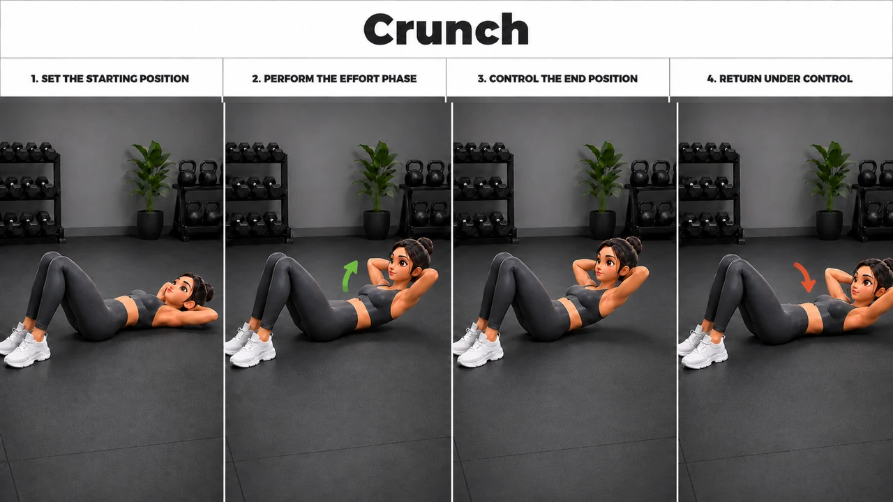 Crunch exercise guide showing 4 movement steps