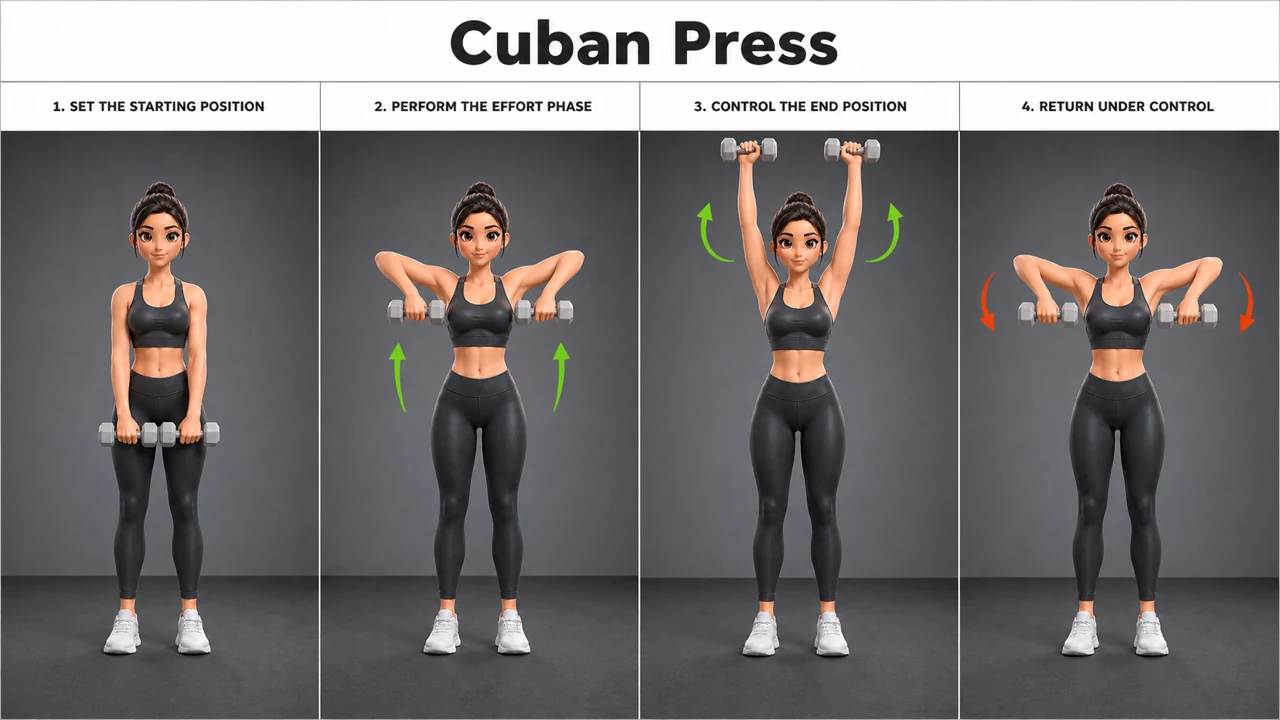 Cuban Press exercise guide showing 4 movement steps using dumbbell pair