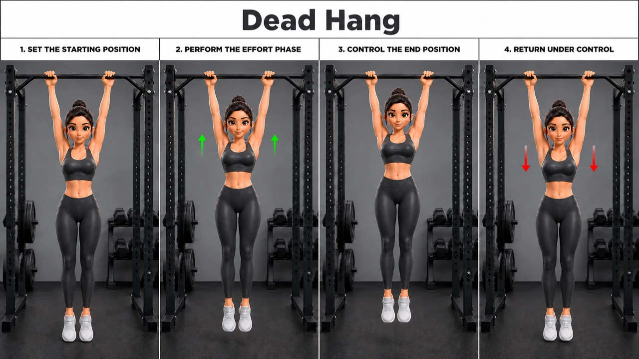 Dead Hang exercise guide showing 4 movement steps using pull-up station