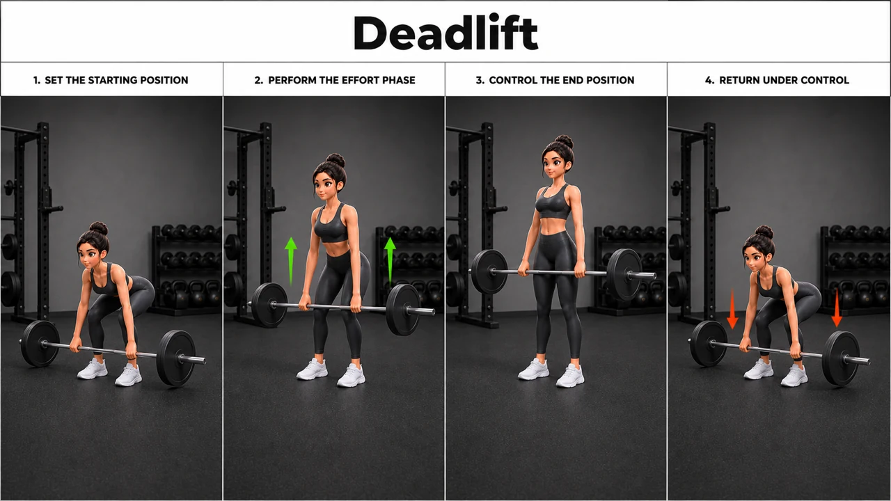 Deadlift exercise guide showing 3 movement steps using barbell