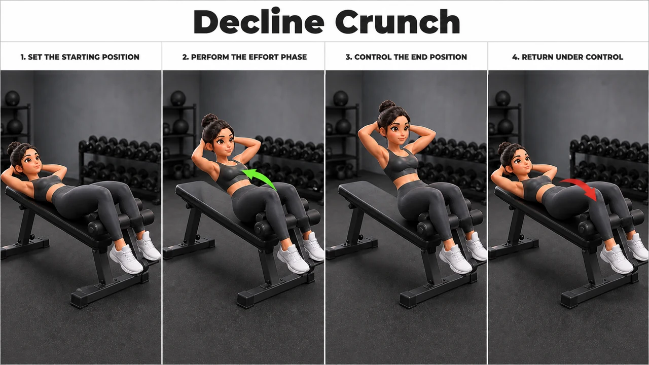 Decline Crunch exercise guide showing 4 movement steps using decline bench