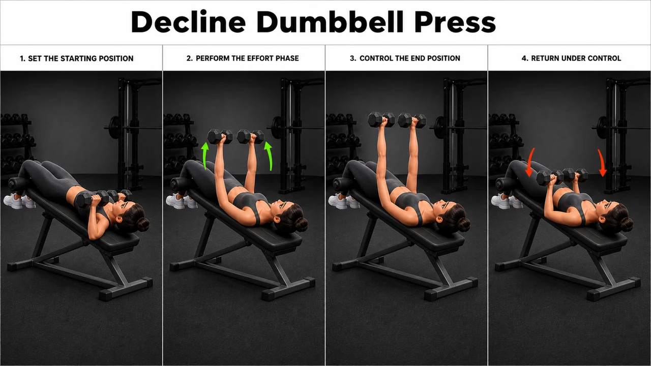 Decline Dumbbell Press exercise guide showing 3 movement steps using decline bench and dumbbell pair