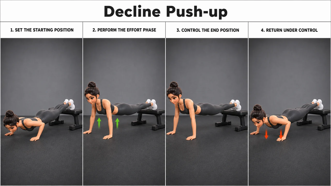 Decline Push-up exercise image showing key movement positions with stable elevated surface