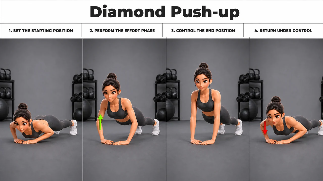 Diamond Push-up exercise guide showing 4 movement steps