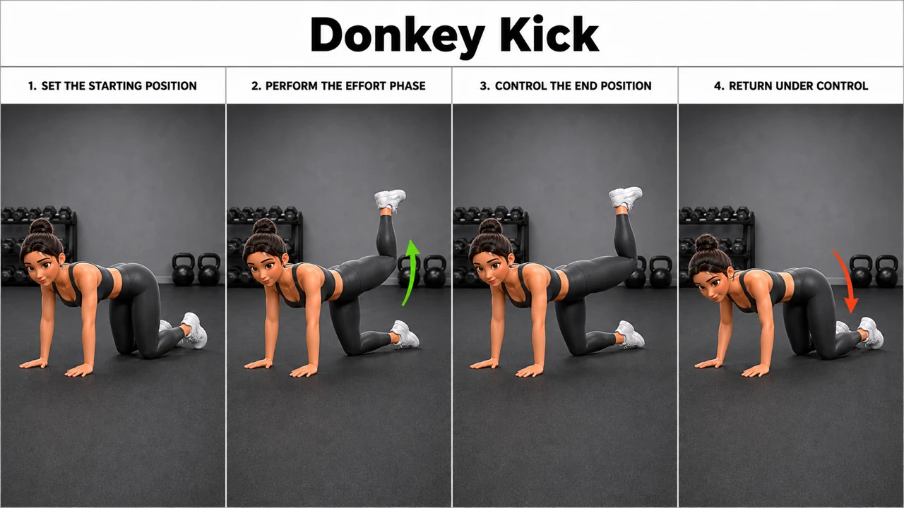 Donkey Kick exercise image showing key movement positions