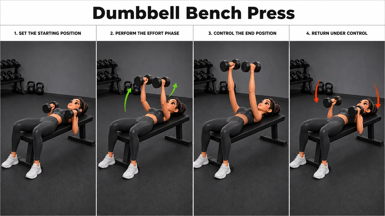 Dumbbell Bench Press exercise guide showing 3 movement steps using flat bench and dumbbell pair