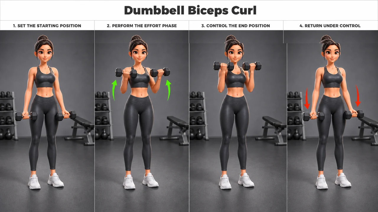 Dumbbell Biceps Curl exercise guide showing 4 movement steps using dumbbell pair