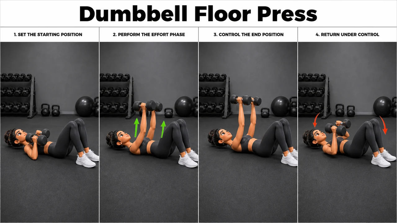 Dumbbell Floor Press exercise image showing key movement positions with dumbbell pair