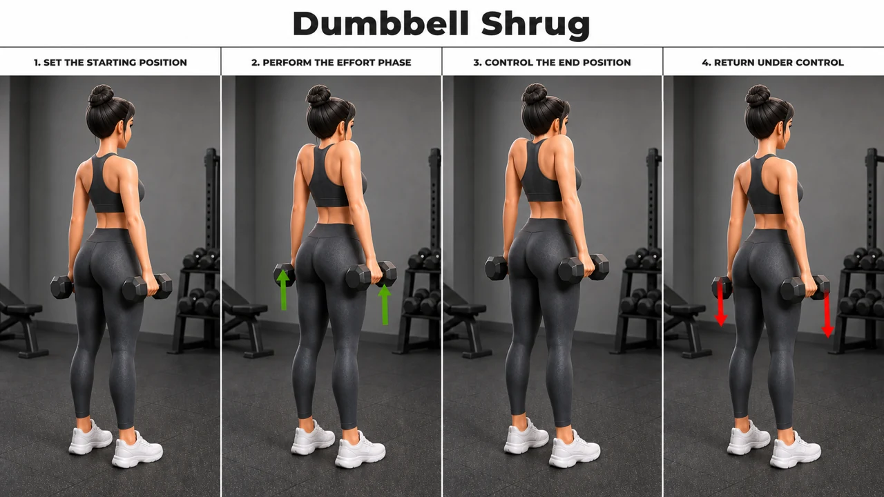 Dumbbell Shrug exercise guide showing 4 movement steps using dumbbell pair
