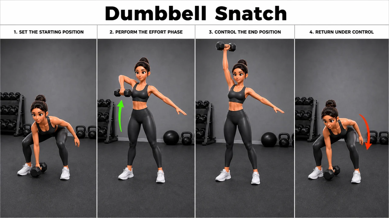 Dumbbell Snatch exercise image showing key movement positions with single dumbbell
